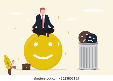 Positive thinking. Calm businessman sitting in lotus pose on huge sign of good mood, mental health. Mindfulness, stop stress and relax. Break time. Throw negative emotions in trash can. flat vector