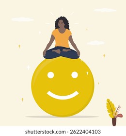 Positive thinking. Calm woman sitting on huge sign of good mood, mental health. Mindfulness, stop stress and relax. Break time. flat vector illustration