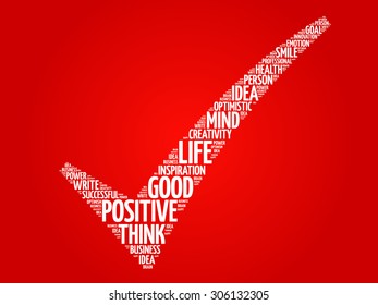 Positive thinking check mark, red vector business concept words cloud