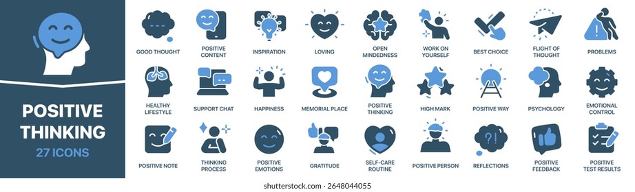 Positive thinking colored signed icon collection. Set of fill Positive thinking icons. UI icon set. Colored icons pack. Vector illustration