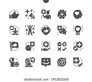 Positive thinking. Positive communication and harmony. Good thoughts. Idealistic, optimism, inspiration, better and best. Vector Solid Icons. Simple Pictogram