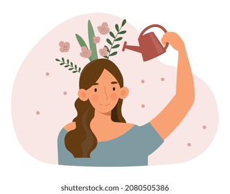 Positive thinking concept. Happy young woman watering flowers on her head. Metaphor of mental health and well being. Emotional stability and good mood. Cartoon modern flat vector illustration