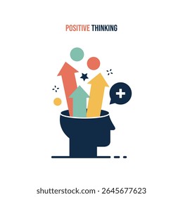 Positive Thinking Concept Illustration Upward Arrows Head Mind Teal Orange Yellow Circles vector