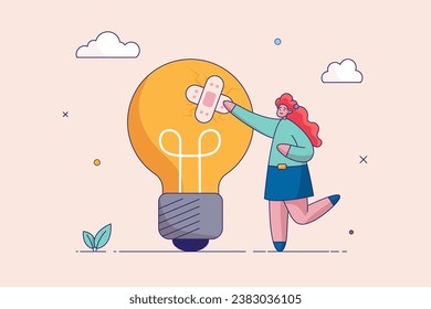 Positive thinking concept. Inspiration and happiness in work. Optimistic bring success to work and living. Businesswoman standing with bright lightbulb idea with positive sign. Flat vector.