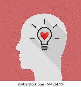 Positive thinking concept with lightbulb, heart shape and human head. Flat design with long shadow.