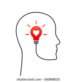 Positive thinking concept with profile and head line. Lightbulb with heart shape as inspiration and vision symbol.