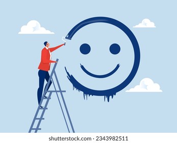 Positive thinking concept,happy businessman  climb up  stairs  ladder to painting ing smile face on wall with roller vector illustration.