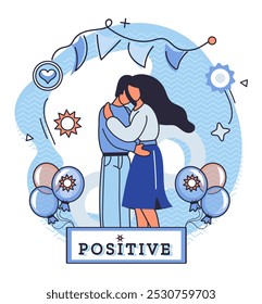 Pensamiento positivo. Una pareja comparte un cálido abrazo con un telón de fondo de globos, iconos de amor y decoraciones festivas. Ideal para temas de amor, positividad, relaciones, celebración y felicidad