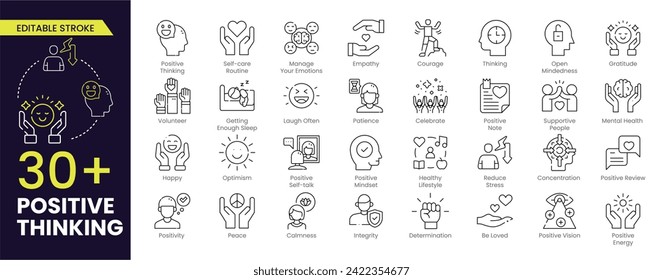 Positive thinking Editable Stroke icon. Containing self-care, optimism, be loved, healthy lifestyle, happiness, positive mindset and more icons. Editable Outline icon collection.