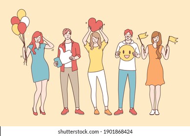 Positive thinking and emotions concept. Smiling happy young people cartoon characters standing in line communicating positive thoughts and feelings to each other vector illustration 