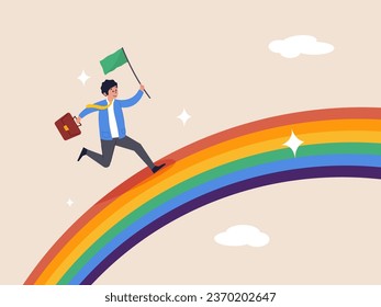 Positive thinking to find opportunity. Inspiration to be success, imagination and creativity to build hope and bright future, happy businessman running with suitcase on colorful rainbow in the sky.
