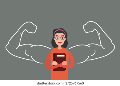 Positive thinking flat design vector concept: Girl with sketched strong and muscled arms 