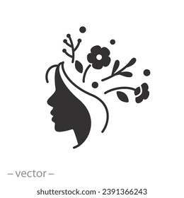 icono de pensamiento positivo o pensamientos felices, perfil de la mujer, salud mental humana, símbolo plano sobre fondo blanco - ilustración vectorial