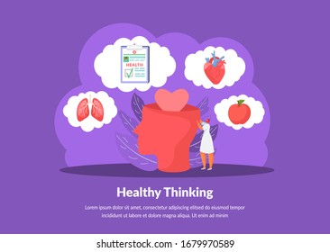 Positive thinking and healthy eating brains with love and tiny person flat vector illustration. Woman thinking about food, apple, heart choosing healthy food. Head makes healthy lifestyle.