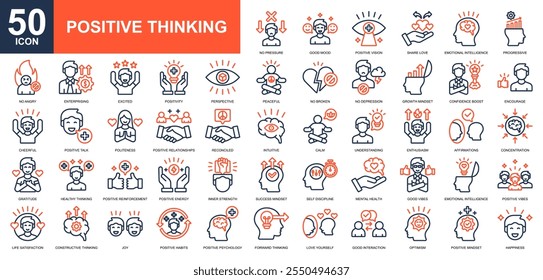 Positive Thinking icon collection set. Open mind, mindset, smart think, good people, good habits, brain process, design thinking icon. Simple line color vector.