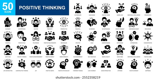 Positive Thinking icon collection set. Open mind, mindset, smart think, good people, good habits, brain process, design thinking icon. Simple glyph vector.