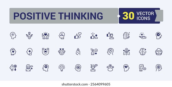 Positive Thinking icon set. Contains related to emot, attitude, laugh, courage, optimism, psychology, happy and more. Symbol. Editable vector outline and solid icons.