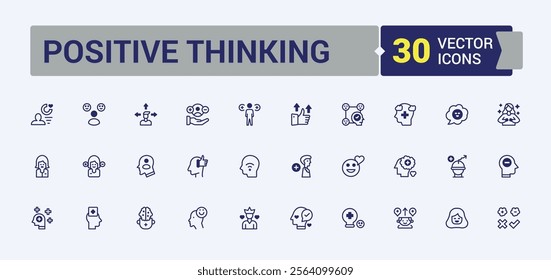 Positive Thinking icon set. Contains related to emot, attitude, laugh, courage, optimism, psychology, happy and more. Symbol. Editable vector outline and solid icons.