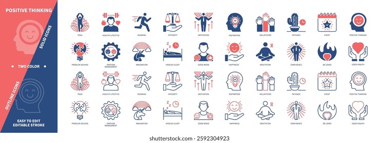 Positive Thinking icon set. Emotion Management, Healthy Lifestyle, Confidence, Imagination, Good Dream, Yoga, Meditation. Duotone color solid and editable outline icons