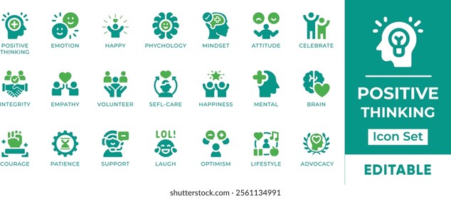 Positive Thinking Icon Set. Features icons for positive thinking, mindset, happiness, motivation, inspiration, and more. Perfect for personal development, self-help, and mental health resources.