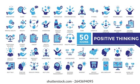 Positive thinking icon solid two color set collection. This set includes mental health, meditation, inner peace, yoga, healthy lifestyle and more icons in solid style. Icons collection for infographic