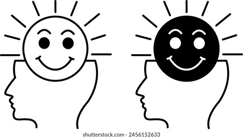 Positive Thinking Icons. Black and White Vector Icons. Human Head and Smiling Sun. Positive Thoughts, Peace, and Mental Balance. Psychology