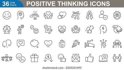 Positive thinking icons collection. Big UI line icon set. Sunshine, heart, open mind, thumbs up, happiness, growth arrow, loved and more. vector illustration.