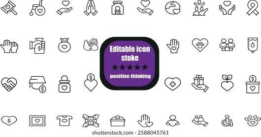 Positive thinking icons collection. Big UI line icon set. Sunshine,