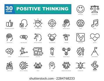 Positive thinking icons collection. Containing self-care, optimism, be loved, healthy lifestyle, happiness, positive mindset and more icons. Icons ideal for the internet site.