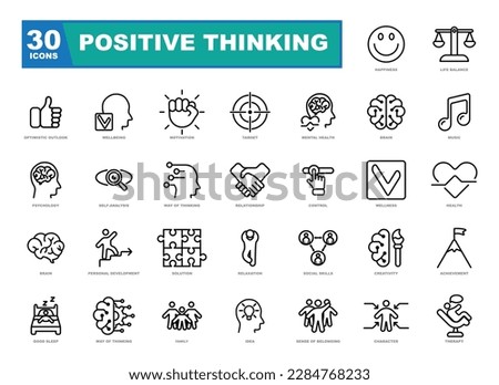 Positive thinking icons collection. Containing self-care, optimism, be loved, healthy lifestyle, happiness, positive mindset and more icons. Icons ideal for the internet site.
