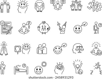 Positive Thinking Icons Set. Vector Icons of Healthy Lifestyle, Patience, Gratitude, Calm, Bravery, Positive Attitude, Optimism, Volunteer, Sympathy and Other