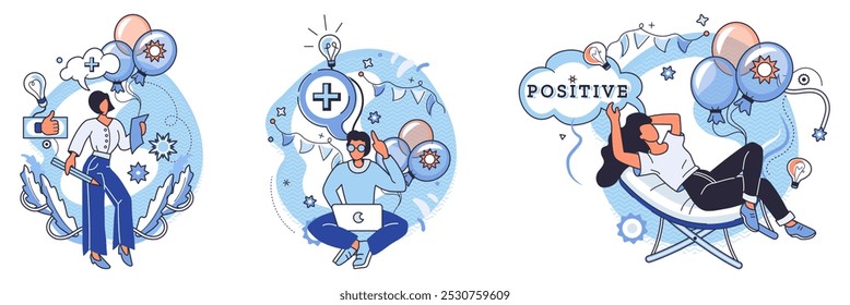 Positive thinking. Individuals are engaging in relaxation, using technology, and practicing mindfulness. Ideal for self-improvement, mental health, productivity, positivity, and modern lifestyle