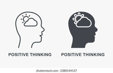 Positive Thinking, Inspiration Silhouette and Line Icon Set. Sun in Human Head Optimistic Good Emotion Pictogram. Intellectual Process, Mental Health Symbol Collection. Isolated Vector Illustration.