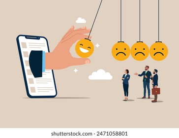 Positive thinking inspire other people happy, balance between happiness and sadness. Businessman holding smile face pendulum ball to hit other sad faces. Flat vector illustration