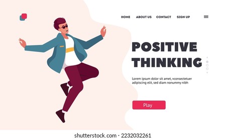Plantilla de la página de inicio de pensamiento positivo. Concepto divertido con el hombre en ropa de moda saltando, regocijándose y reíéndose. Feliz Salto De Carácter Masculino En El Aire, Sentir Emoción De Felicidad. Ilustración de vectores de personas de caricatura