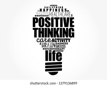 Positive thinking light bulb word cloud collage, health concept background