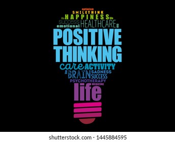 Positive thinking light bulb word cloud collage, health concept background