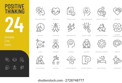 Conjunto de iconos editables de línea de pensamiento positivo. Ilustración vectorial en el estilo delgado moderno de los íconos relacionados con la salud mental: cuidado personal, optimismo, control emocional y más. Aislado sobre fondo transparente.