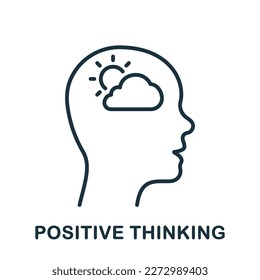 Icono de línea de pensamiento positivo. Buena Emoción, Feliz Signo De Contorno De Ánimo. Salud Mental, Sol Brilla en Pictograma Lineal de Cabeza Humana. Símbolo de proceso intelectual. Stroke editable. Ilustración de vectores aislados.