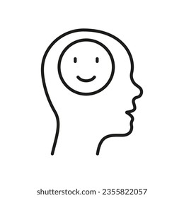 Positive Thinking Line Icon. Mental Health, Smile in Human Head Linear Pictogram. Good Emotion, Happy Mood Outline Sign. Intellectual Process Symbol. Editable Stroke. Isolated Vector Illustration.