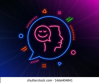 Positive thinking line icon. Neon laser lights. Human communication symbol. Smile chat sign. Glow laser speech bubble. Neon lights chat bubble. Banner badge with good mood icon. Vector
