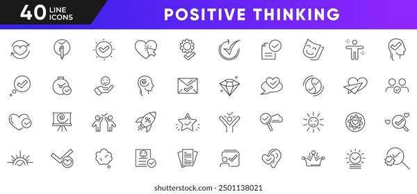 Positive thinking line icon set. Self-care, optimism, be loved, healthy lifestyle, happiness, management, solution, problem solving, thinking outline icon collection. UI thin line icon set.