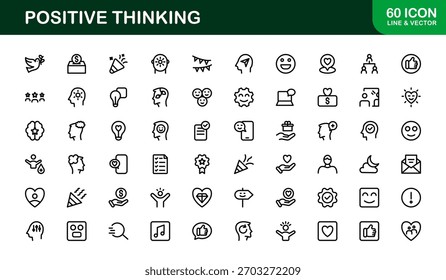 Positive Thinking Line Icon Set. Unique Positive Thinking Symbols for Mindset and Inspiration