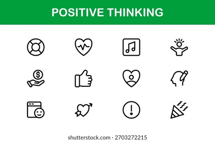 Positive Thinking Line Icon Set. Unique Positive Thinking Symbols for Mindset and Inspiration