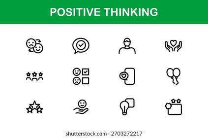 Positive Thinking Line Icon Set. Unique Positive Thinking Symbols for Mindset and Inspiration