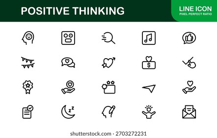Positive Thinking Line Icon Set. Unique Positive Thinking Symbols for Mindset and Inspiration