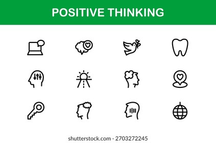 Positive Thinking Line Icon Set. Unique Positive Thinking Symbols for Mindset and Inspiration