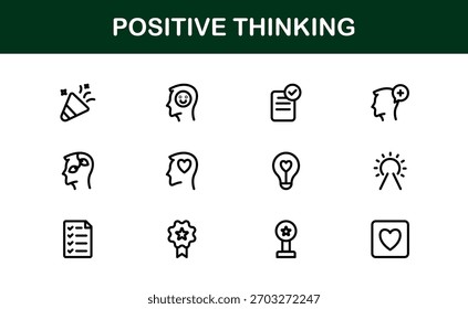 Conjunto De Ícones De Linha De Pensamento Positivo. Símbolos únicos de pensamento positivo para mentalidade e inspiração