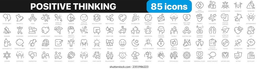 Positive thinking line icons collection. Psychology, charity, family, happy, peace icons. UI icon set. Thin outline icons pack. Vector illustration EPS10