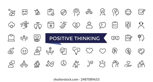 Positive Thinking Line Icons conjunto con colección de trazo editable para Web y ui. Paquete de iconos de línea. Ilustración vectorial.